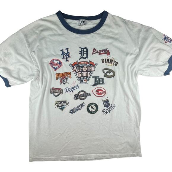 2005 MLB All Star Game T-Shirt Detroit XL Logos of Every Team Ringer Tee - Picture 1 of 4